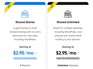 Two of DreamHost's shared hosting plans, including pricing and a small feature summary